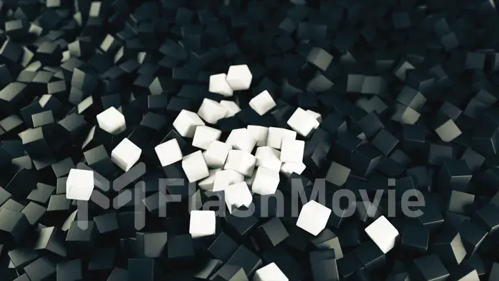 Black white 3D illustration from a pile of abstract cubes rolling and falling from top to bottom.