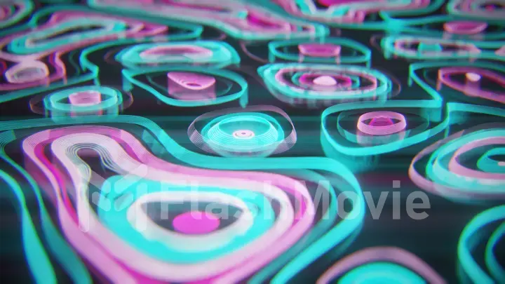 Abstract neon background of topographic map concept. Contour map. Valleys and mountains. Geography concept. Wavy backdrop. Space surface. magic neon light curved swirl line. Seamless loop 3d render