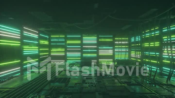 Neon background. Green and blue neon background appears and disappears. Bright vibrant neon background. Technological space. Room. Seamless looping 3d animation