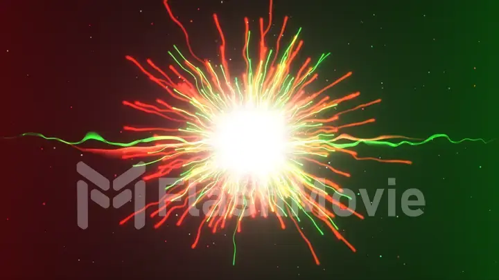 A large explosion of multi-colored particles under a microscope