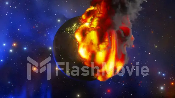The big bang burns the planet leaving a large lava ball. Space on the background. Red orange fire. Smoke. illustration