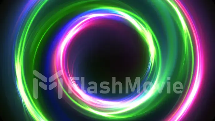 Abstract multicolor 3d illustration neon background luminous swirling Glowing circles. Black elegant. Halo around. Power isolated. Sparks partcle.Space tunnel. LED color ellipse. Glint glitter.