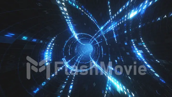 Data tunnel journey 3d illustration Shot inside fibre optic cable. Transmission of digital information as a binary signal