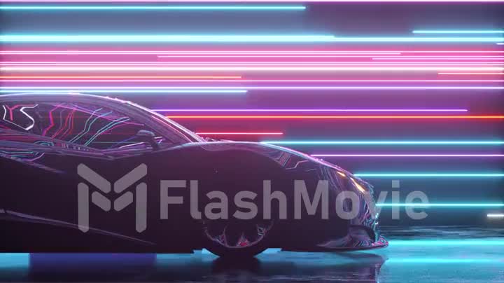 Futuristic concept. Sports car on the background of glowing neon lines. Blue purple color. 3d animation of seamless loop