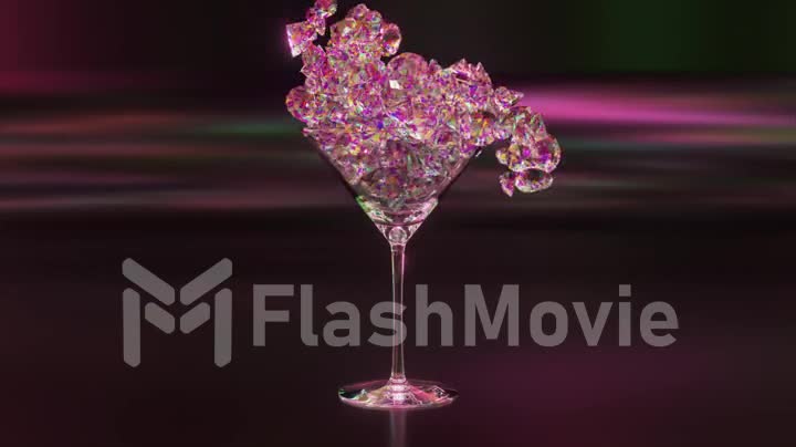 The diamonds fill the martini glass to the brim and scatter around. Ice-cube falling. Cocktail glass. Neon. 3d animation