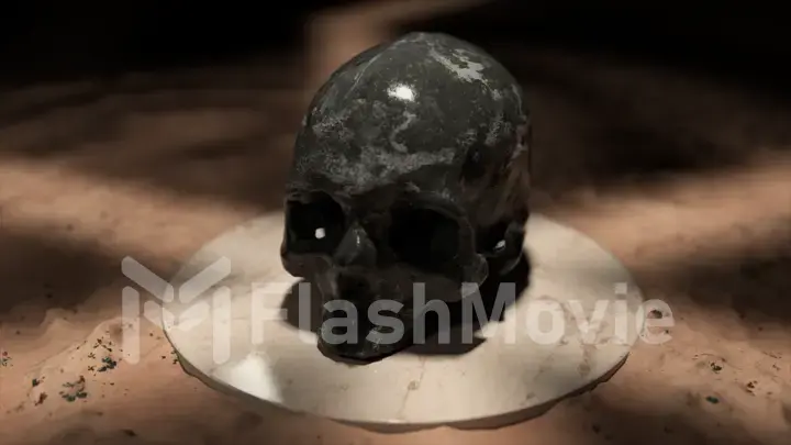 The black marble skull on a white platform in sand. 3d llustration