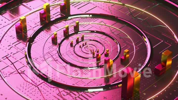 Abstraction concept. Round microchip. Platform. Approximation. Rectangles. Pink color. 3d animation of seamless loop