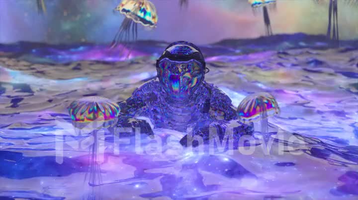 Diamond astronaut in ocean against the background of the starry sky. Diamond jellyfish fly. Blue neon color. Waves.
