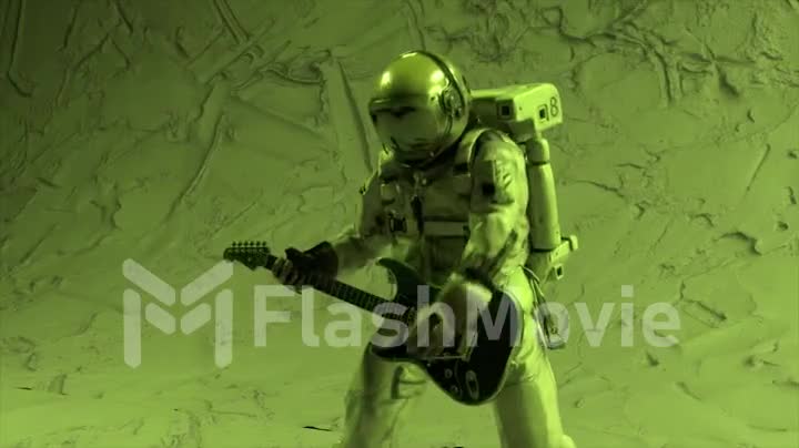 An astronaut plays the guitar in space. 3d animation of a seamless loop. Rock 'n' roll in space. Night club.