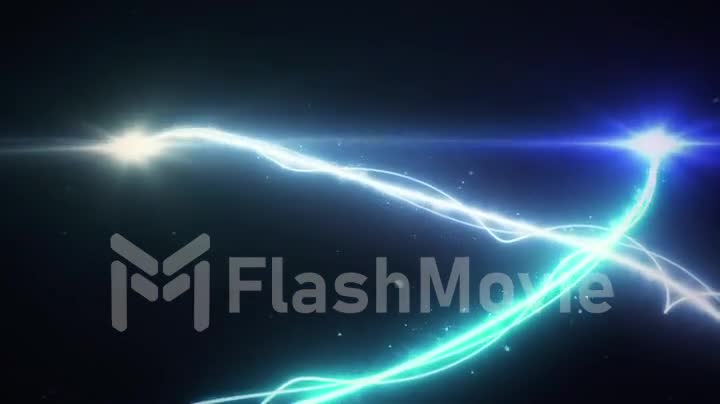 Two blue light streak breaks out on a black background with smoke and light particles