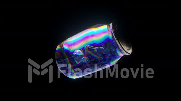 Glass jar rotates on a Black Isolated background. Diamond spider inside a jar. Blue neon color. 3D animation