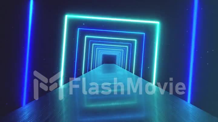 Flying through glowing rotating neon squares creating a tunnel, blue spectrum, fluorescent light, modern colorful lighting, 4k loop animation