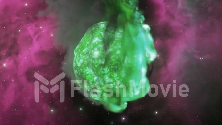 The big bang burns the planet leaving a large hot ball. Space on the background. Green neon fire. Smoke. 3d animation