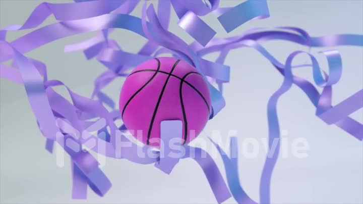 Abstract concept. Cluster of blue ribbons. A purple basketball flies through the ribbons. Slow motion. Close-up.