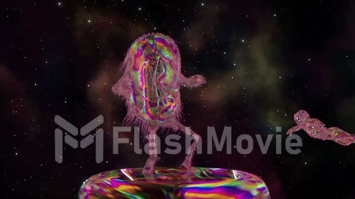 Hairy diamond capsule dances on a platform against the backdrop of space. A diamond astronaut floats. Pink neon color.