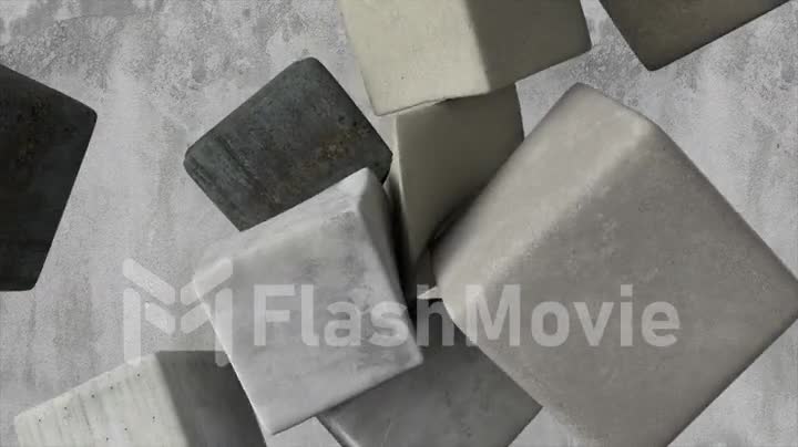 Abstract concept. Soft gray cubes fly against the background of a wall. Cubes collide with each other and connect.