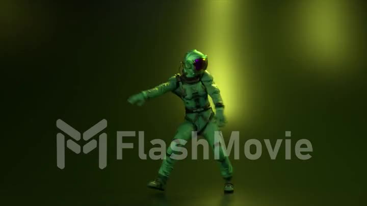 Dance concept. An astronaut in a large mirrored helmet dances in a nightclub. Neon light. 3d animation of seamless loop