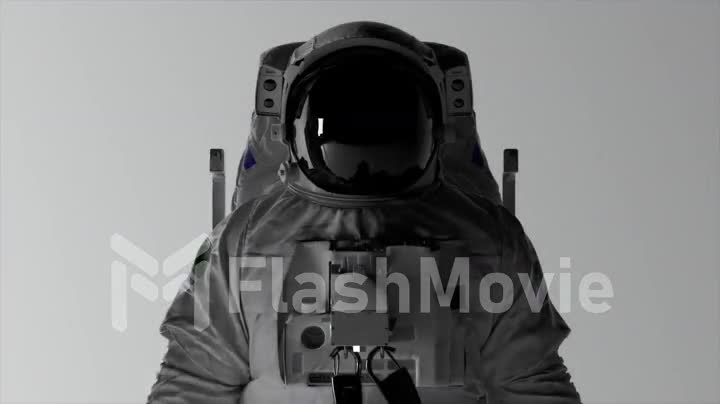 Space concept. The head of astronaut on a white background. Helmet. Dark and light. Shadows on the wall. 3d animation
