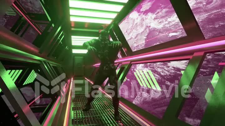 Realistic Zombie walks through the neon corridor of the spaceship. Planet Earth in the background. 3d animation.