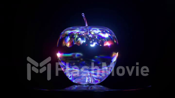 Abstract concept. Liquid mirror transparent substance takes the form of an apple. Blue neon color. 3d animation