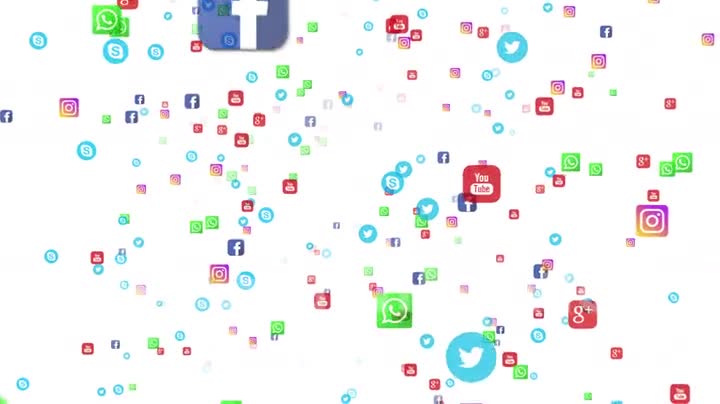 Seamless loop editorial animation: flying banners of the most popular social media in the world, such as facebook, instagram, youtube, skype, twitter and others. On a white background.