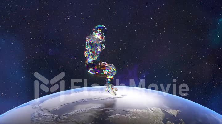 Diamond astronaut is swinging on a space swing above the planet earth. Blue neon color. 3d animation of seamless loop