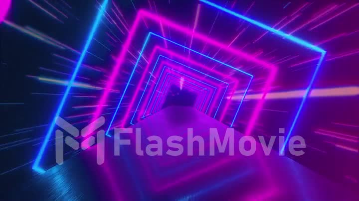Flying through glowing rotating neon squares creating a tunnel, blue red pink violet spectrum, fluorescent ultraviolet light, modern colorful lighting, 4k loop animation