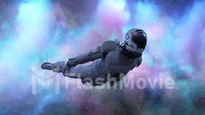 Astronaut flies past purple-blue clouds. Space. Space suit. neon color. The clouds revolve around the astronaut.