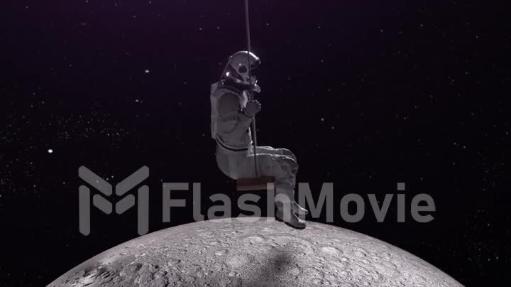 Astronaut on a swing in space. Spaceman and the planet Earth abstract theme. Moon. 3d animation of a seamless loop.