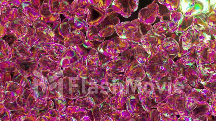 Love concept. A neon heart jumps in a pile of pink heart shaped diamond figurines. Valentine's Day. 3d animation