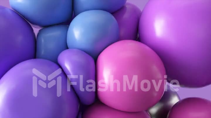 The blue purple and metal spheres collide and change shape. Soft round flying balls. Rubber. 3d animation