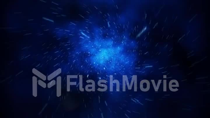 Crazy fast flight in hyperspace of space among nebulae and stars with flares in blue