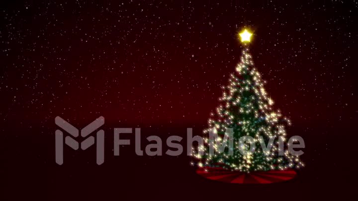 Animation of a glowing decorated Christmas tree with snow and a red festive background