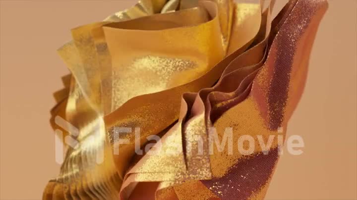 Abstract concept. Shiny square pieces of golden fabric rotate on an isolated background. 3d animation of a seamless loop