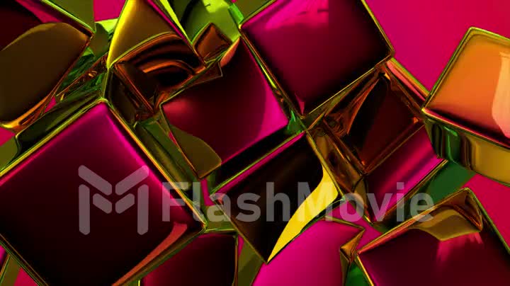 Soft elastic cubes of gold metallic color. Collide and merge into many cubes. Rainbow mirror color. 3d animation.