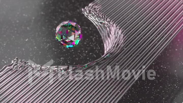 The diamond sphere flies over the transparent tubes and bends them. Wave. 3d animation of a seamless loop