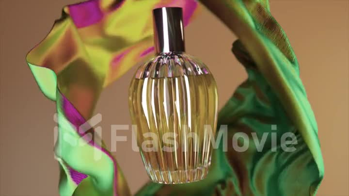 Beauty concept. Perfume bottle on abstract beige background. Pieces of silk fabric fly around the bottle. 3d animation