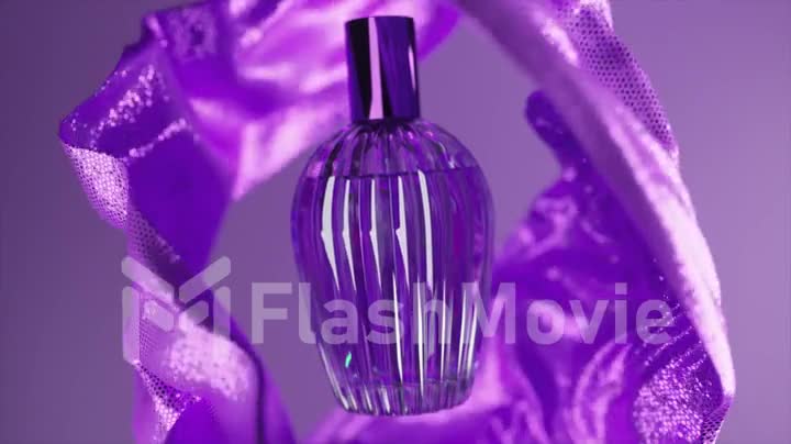 Advertising concept. Elegant perfume bottle on isolated purple background. The fabric flies on the sides of the bottle