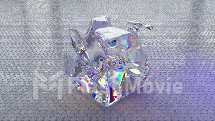 Abstract concept. Transparent rainbow substance takes the form of a cube. Neon light. Glossy floor tiles. 3d animation