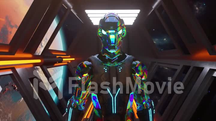 An alien walking on a spaceship close-up. Mars orbit. Neon diamond clothes. Space suit. Neon illumination. 3d animation.