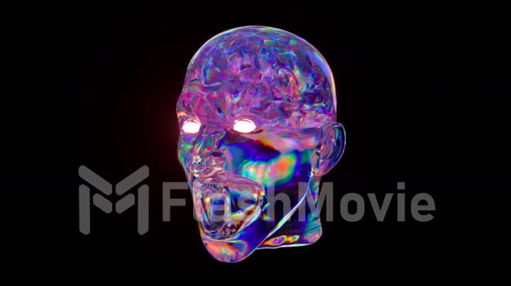 Artificial intelligence inside a glass human head. Diamond Brain. The head rotates on a black isolated background.