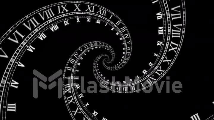 Rotating spiral watches from Roman numerals on a black background