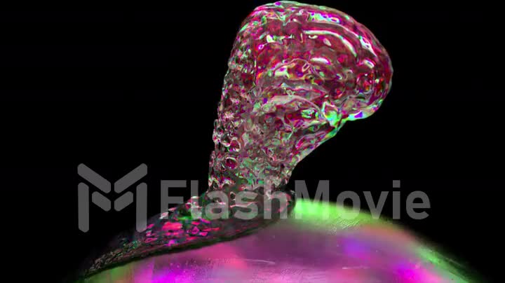 The diamond brain flows down to the surface of the rotating ball. Pink neon color. Metal. Close-up. 3d animation.