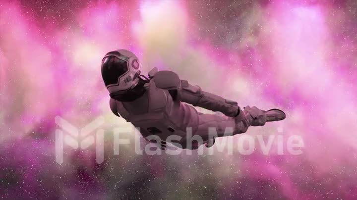 Astronaut flies past purple clouds. Space. Space suit. neon color. The clouds revolve around the astronaut. Milky Way.
