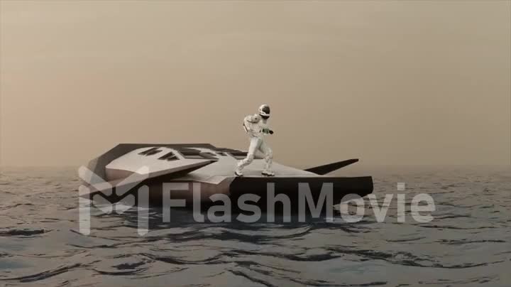 An astronaut in a white spacesuit is dancing on a spaceship in the middle of the sea. Science fiction. 3d animation