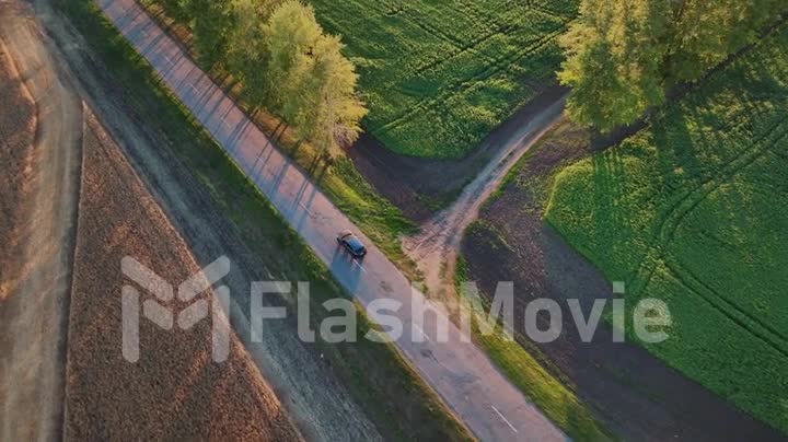 Aerial footage of a blue car driving down a country road. Green trees and fields around. Drone video 4k footage
