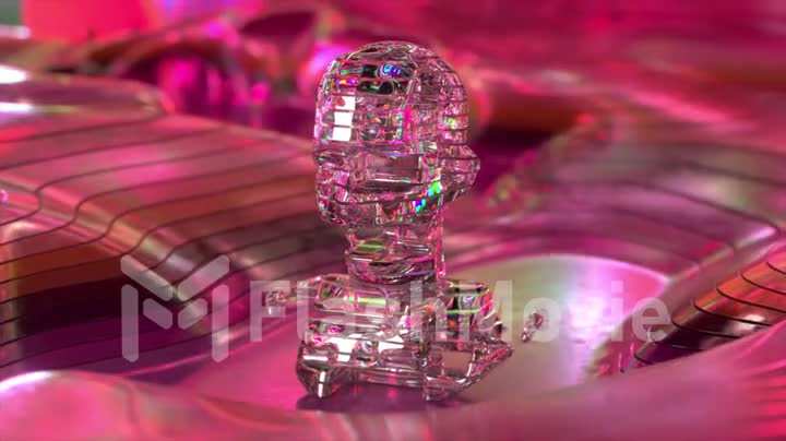 AI concept. The head of a robot with artificial intelligence. Rotating details. Pink metal parts turn into a diamond.