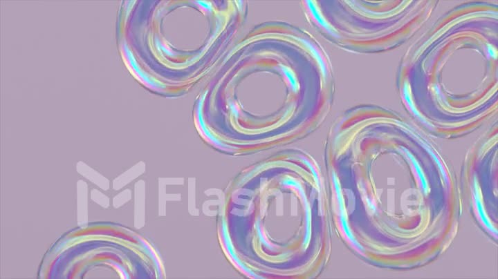 Transparent inflatable rings fly, repel and gather together. Bubble rainbow. Ease. Pearl. 3d animation