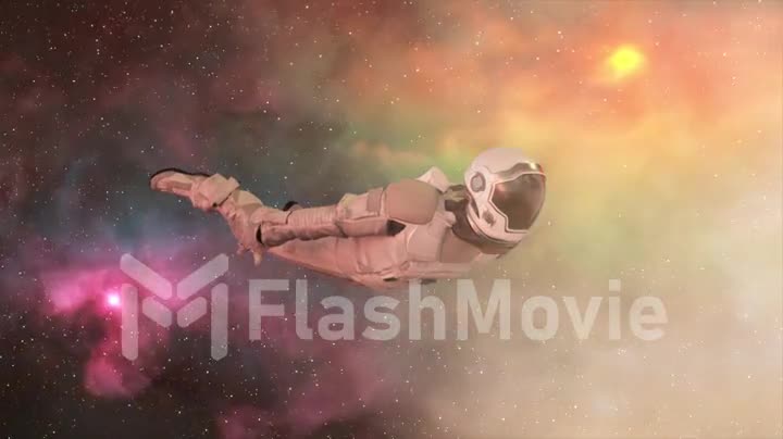 Space concept. An astronaut in a spacesuit flies through outer space. Universe. Galaxy. 3d animation of a seamless loop