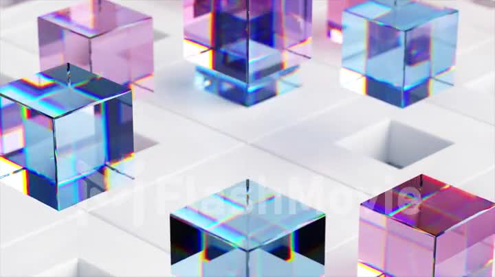 Glass colored cubes fly out of white cells on the floor. Blue purple color. 3d animation of a seamless loop.